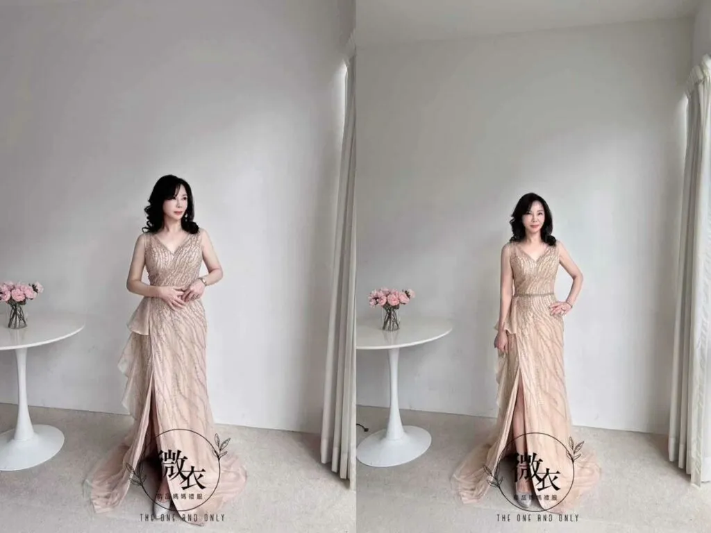台中微衣精品媽媽禮服在2024年度推出了幾款精緻的媽媽禮服，無論是香檳金波浪排鑽魚尾邊禮服的優雅華麗，還是冰灰藍水晶鑽魚尾禮服的清新唯美，都讓媽媽們在婚禮上展現出獨特的風采與氣質。